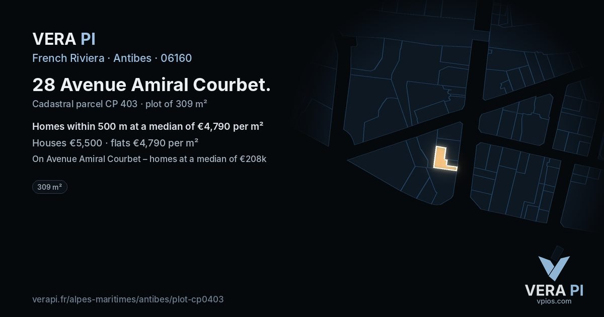 28 Avenue Amiral Courbet, Antibes at night – the plot lit, the parcels around coloured by the prices near them