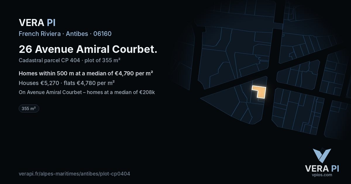 26 Avenue Amiral Courbet, Antibes at night – the plot lit, the parcels around coloured by the prices near them