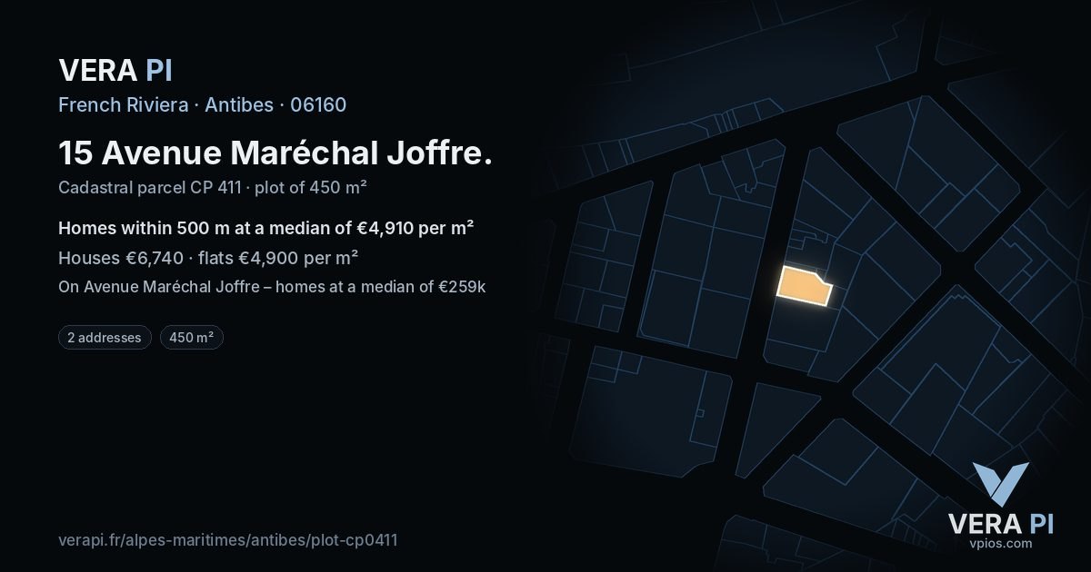 15 Avenue Maréchal Joffre, Antibes at night – the plot lit, the parcels around coloured by the prices near them