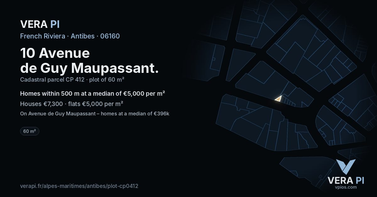 10 Avenue de Guy Maupassant, Antibes at night – the plot lit, the parcels around coloured by the prices near them