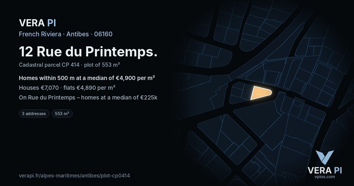 12 Rue du Printemps, Antibes at night – the plot lit, the parcels around coloured by the prices near them