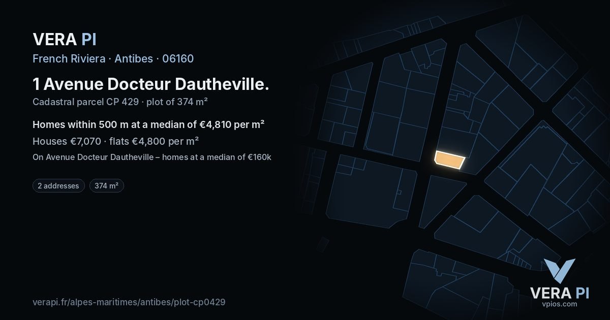 1 Avenue Docteur Dautheville, Antibes at night – the plot lit, the parcels around coloured by the prices near them
