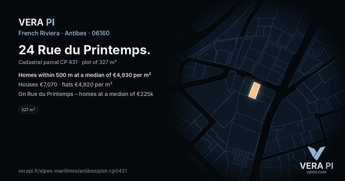 24 Rue du Printemps, Antibes at night – the plot lit, the parcels around coloured by the prices near them