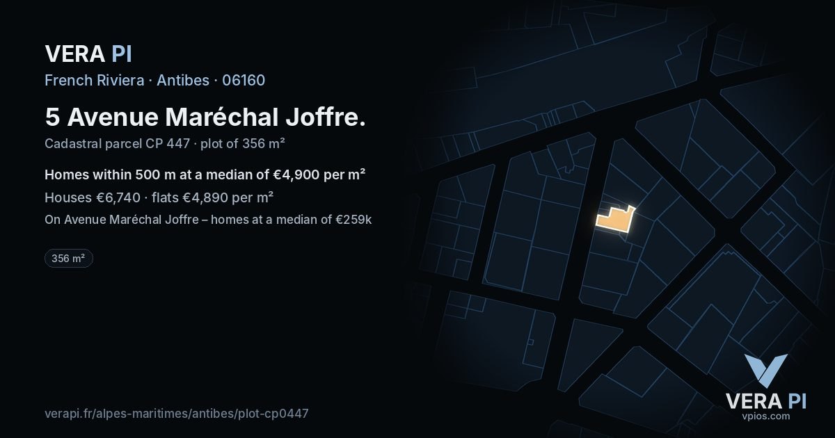 5 Avenue Maréchal Joffre, Antibes at night – the plot lit, the parcels around coloured by the prices near them