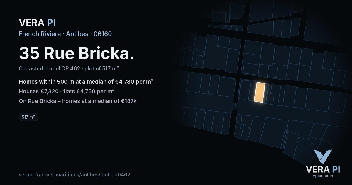 35 Rue Bricka, Antibes at night – the plot lit, the parcels around coloured by the prices near them