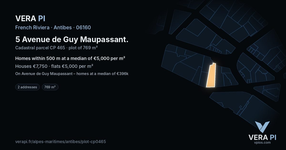 5 Avenue de Guy Maupassant, Antibes at night – the plot lit, the parcels around coloured by the prices near them