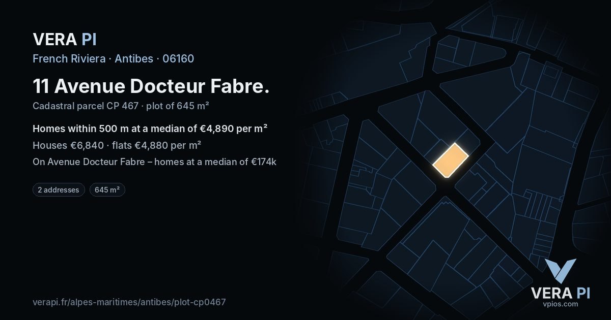 11 Avenue Docteur Fabre, Antibes at night – the plot lit, the parcels around coloured by the prices near them