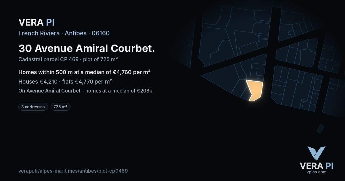 30 Avenue Amiral Courbet, Antibes at night – the plot lit, the parcels around coloured by the prices near them