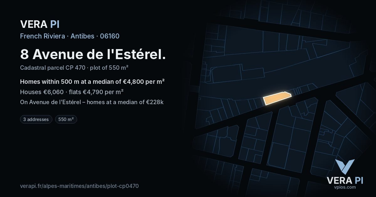 8 Avenue de l'Estérel, Antibes at night – the plot lit, the parcels around coloured by the prices near them