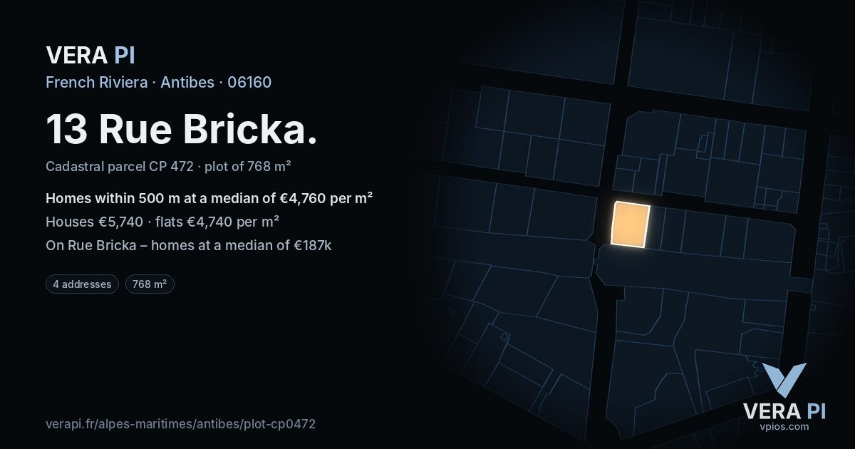 13 Rue Bricka, Antibes at night – the plot lit, the parcels around coloured by the prices near them