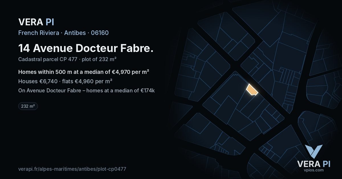 14 Avenue Docteur Fabre, Antibes at night – the plot lit, the parcels around coloured by the prices near them