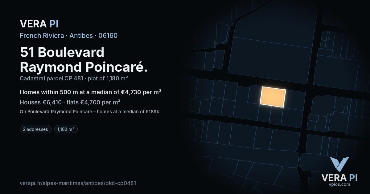 51 Boulevard Raymond Poincaré, Antibes at night – the plot lit, the parcels around coloured by the prices near them