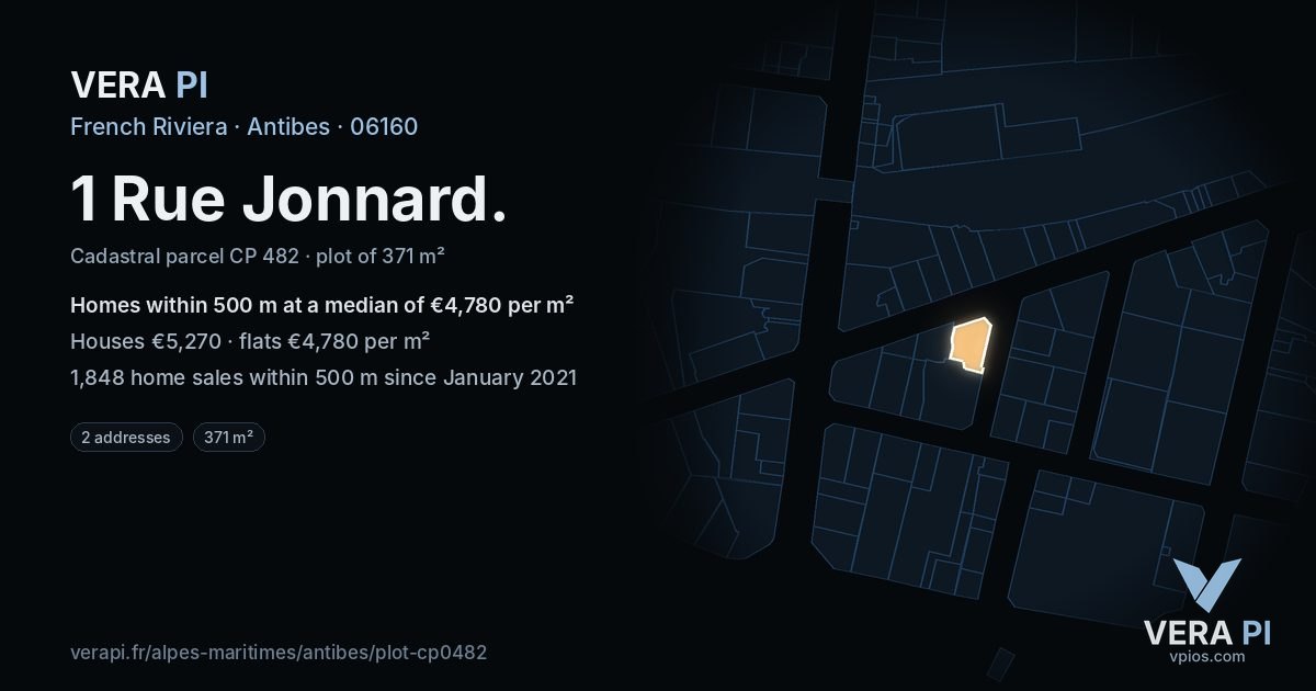 1 Rue Jonnard, Antibes at night – the plot lit, the parcels around coloured by the prices near them