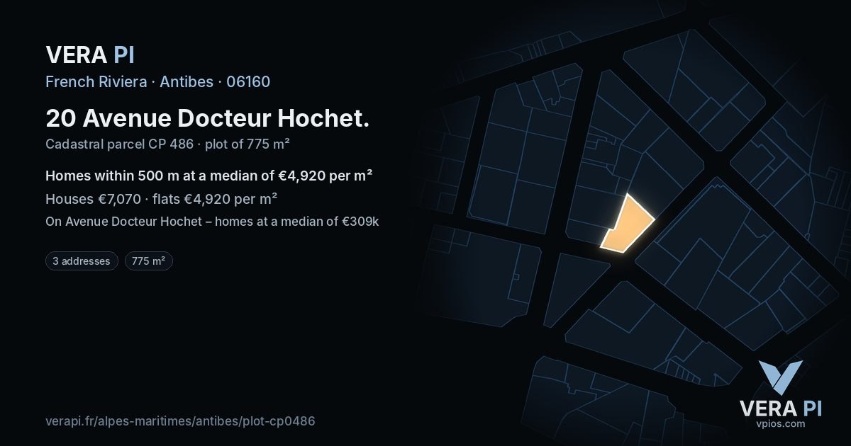 20 Avenue Docteur Hochet, Antibes at night – the plot lit, the parcels around coloured by the prices near them