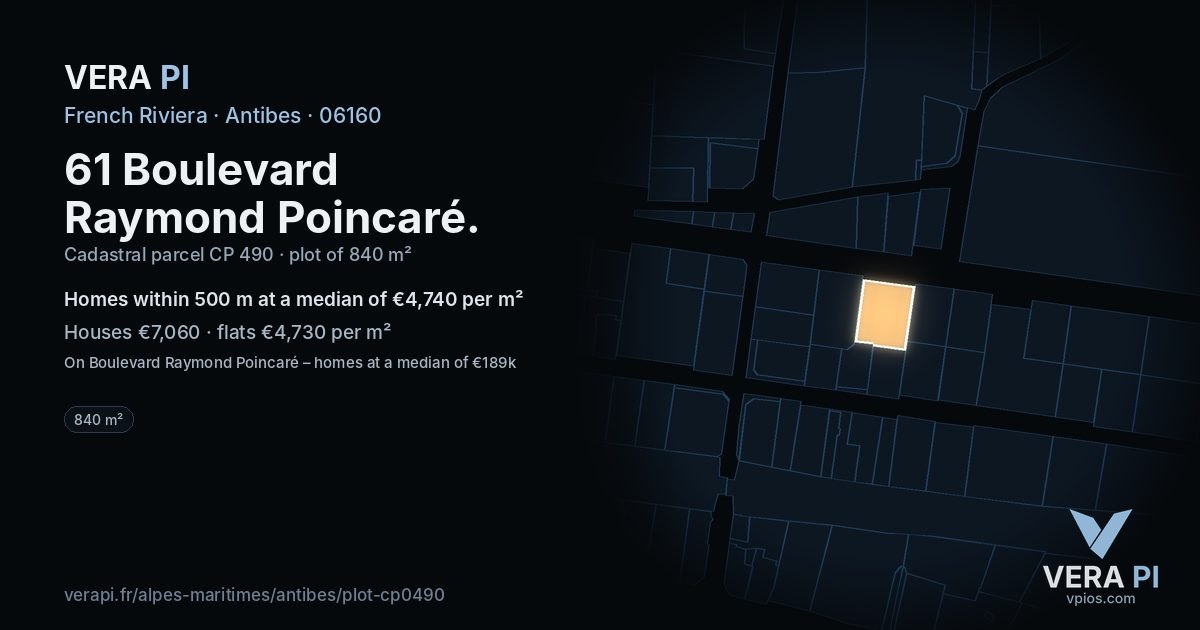 61 Boulevard Raymond Poincaré, Antibes at night – the plot lit, the parcels around coloured by the prices near them