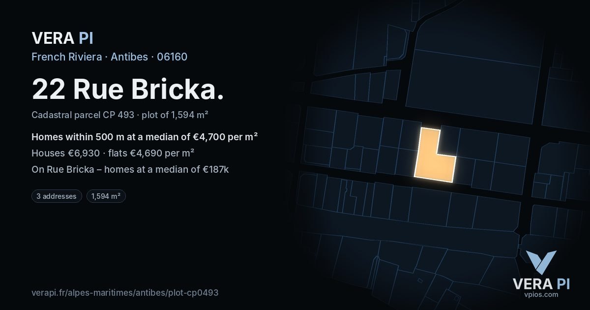 22 Rue Bricka, Antibes at night – the plot lit, the parcels around coloured by the prices near them