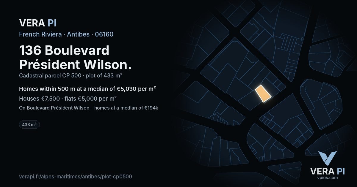 136 Boulevard Président Wilson, Antibes at night – the plot lit, the parcels around coloured by the prices near them