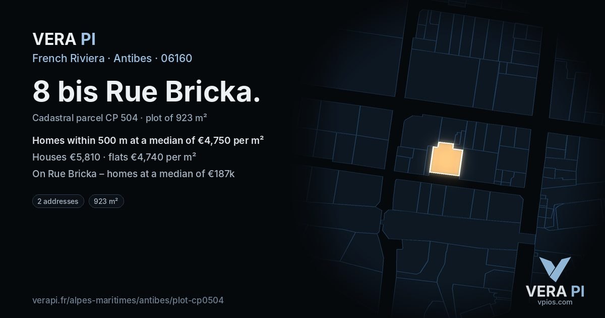 8 bis Rue Bricka, Antibes at night – the plot lit, the parcels around coloured by the prices near them