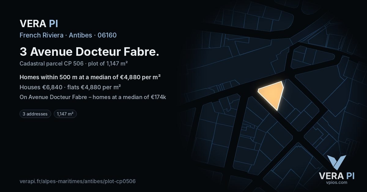 3 Avenue Docteur Fabre, Antibes at night – the plot lit, the parcels around coloured by the prices near them