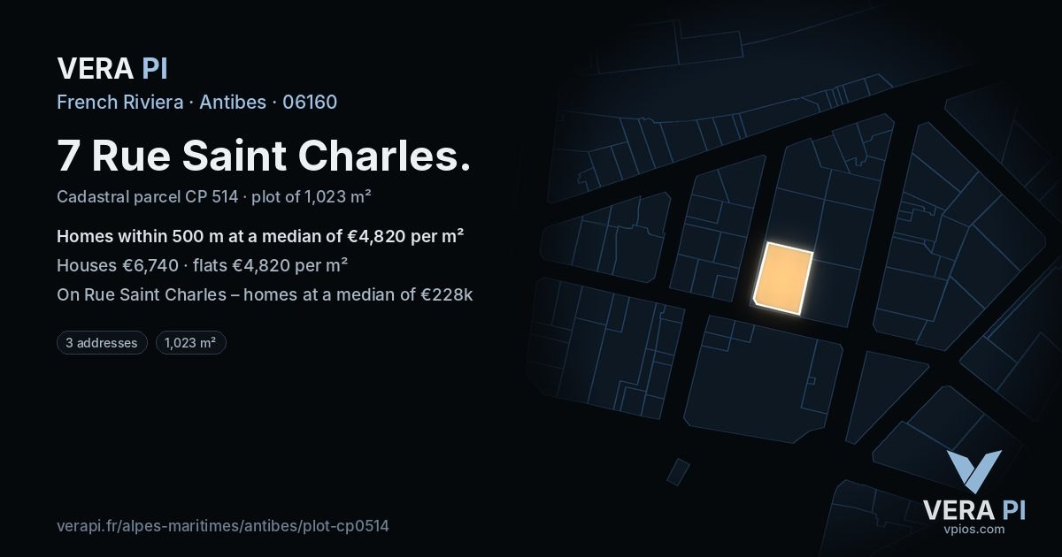 7 Rue Saint Charles, Antibes at night – the plot lit, the parcels around coloured by the prices near them