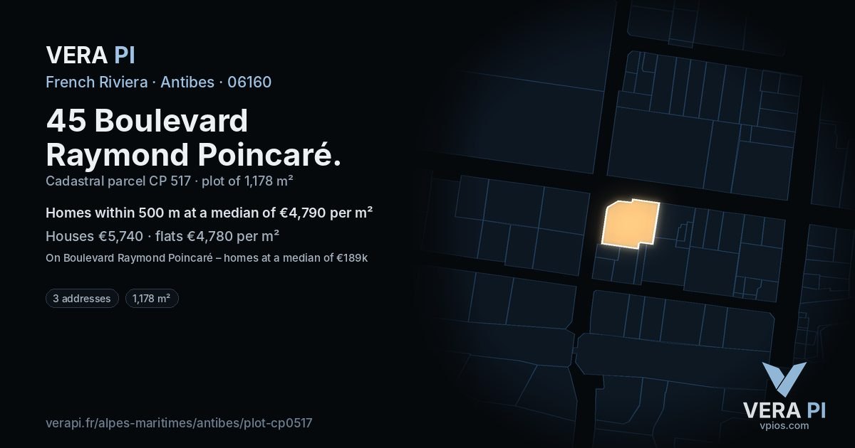 45 Boulevard Raymond Poincaré, Antibes at night – the plot lit, the parcels around coloured by the prices near them