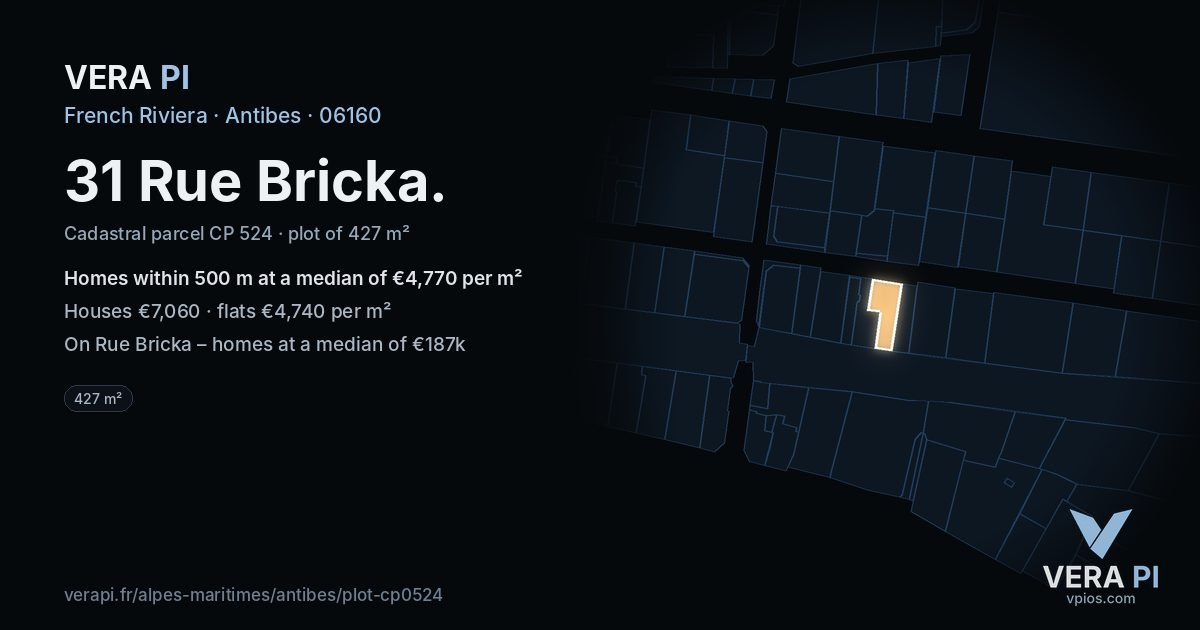 31 Rue Bricka, Antibes at night – the plot lit, the parcels around coloured by the prices near them