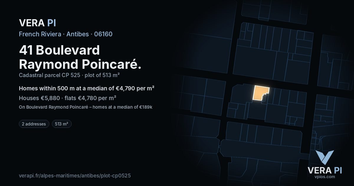 41 Boulevard Raymond Poincaré, Antibes at night – the plot lit, the parcels around coloured by the prices near them