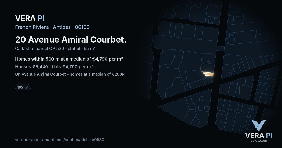 20 Avenue Amiral Courbet, Antibes at night – the plot lit, the parcels around coloured by the prices near them
