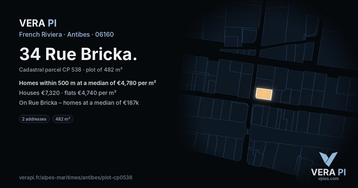 34 Rue Bricka, Antibes at night – the plot lit, the parcels around coloured by the prices near them
