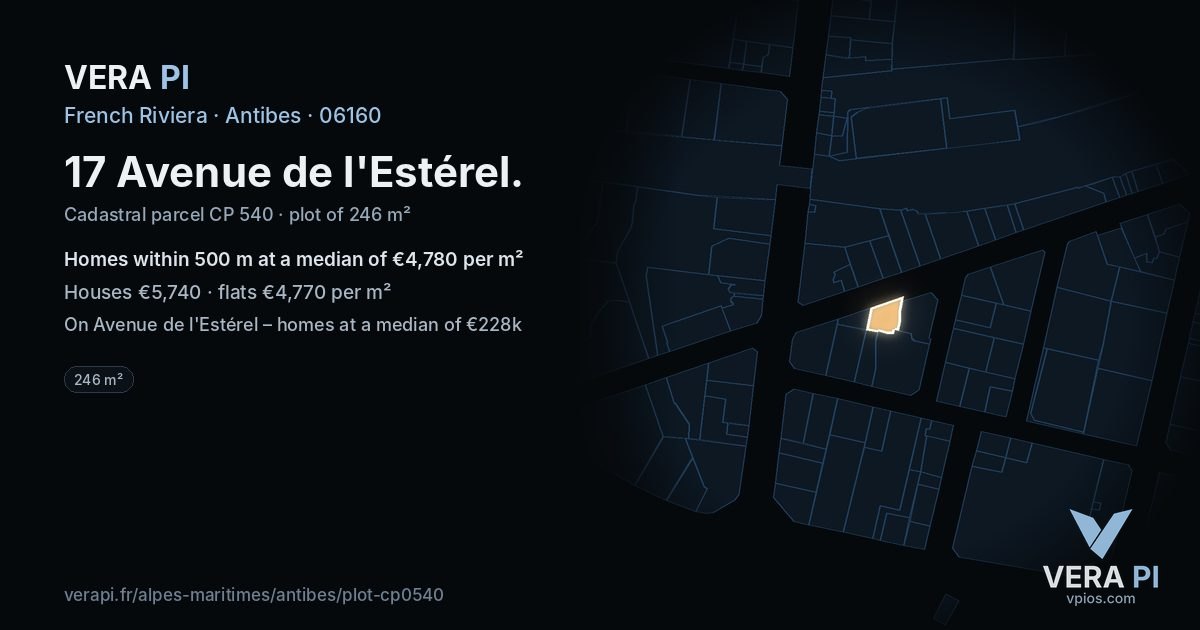 17 Avenue de l'Estérel, Antibes at night – the plot lit, the parcels around coloured by the prices near them