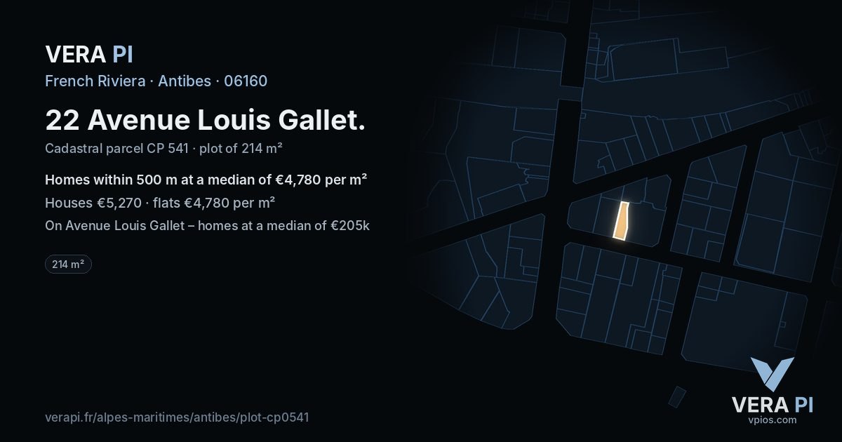 22 Avenue Louis Gallet, Antibes at night – the plot lit, the parcels around coloured by the prices near them