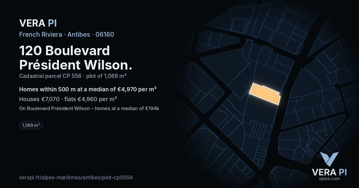 120 Boulevard Président Wilson, Antibes at night – the plot lit, the parcels around coloured by the prices near them