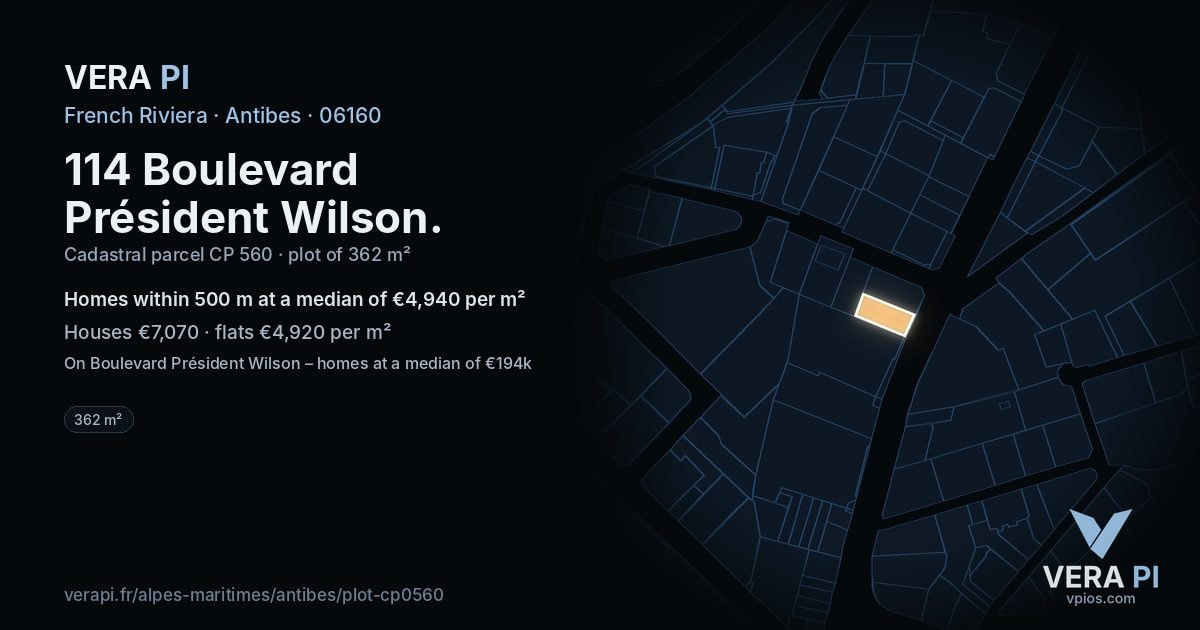 114 Boulevard Président Wilson, Antibes at night – the plot lit, the parcels around coloured by the prices near them