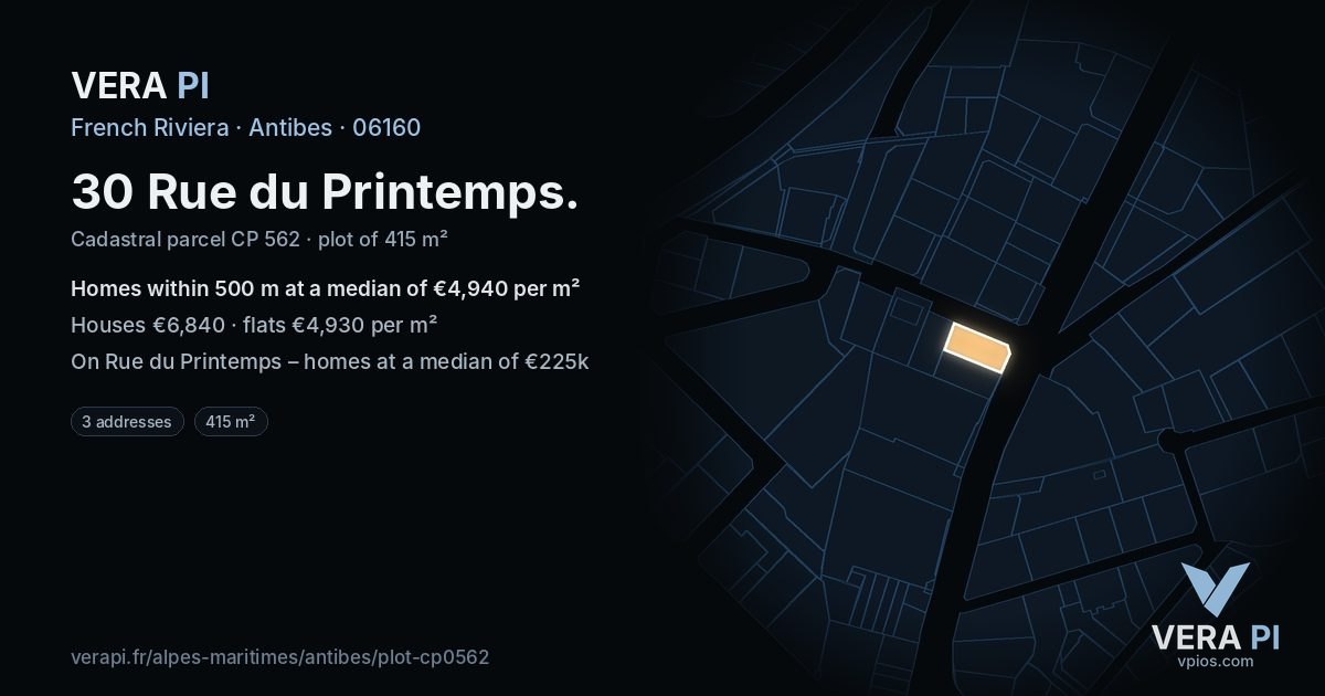30 Rue du Printemps, Antibes at night – the plot lit, the parcels around coloured by the prices near them