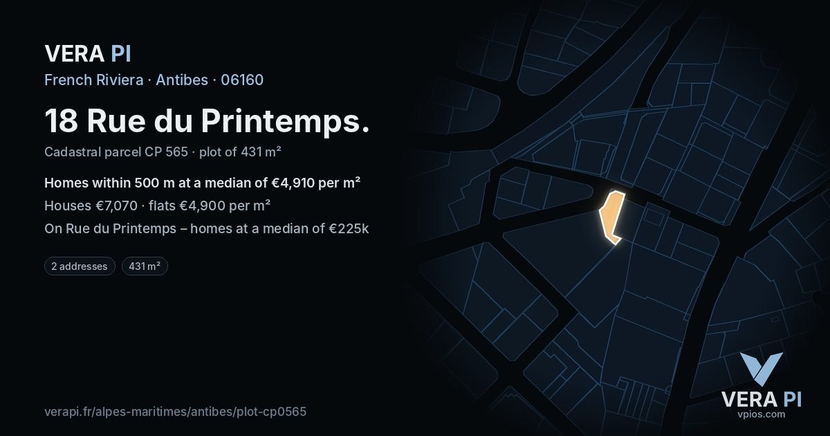 18 Rue du Printemps, Antibes at night – the plot lit, the parcels around coloured by the prices near them