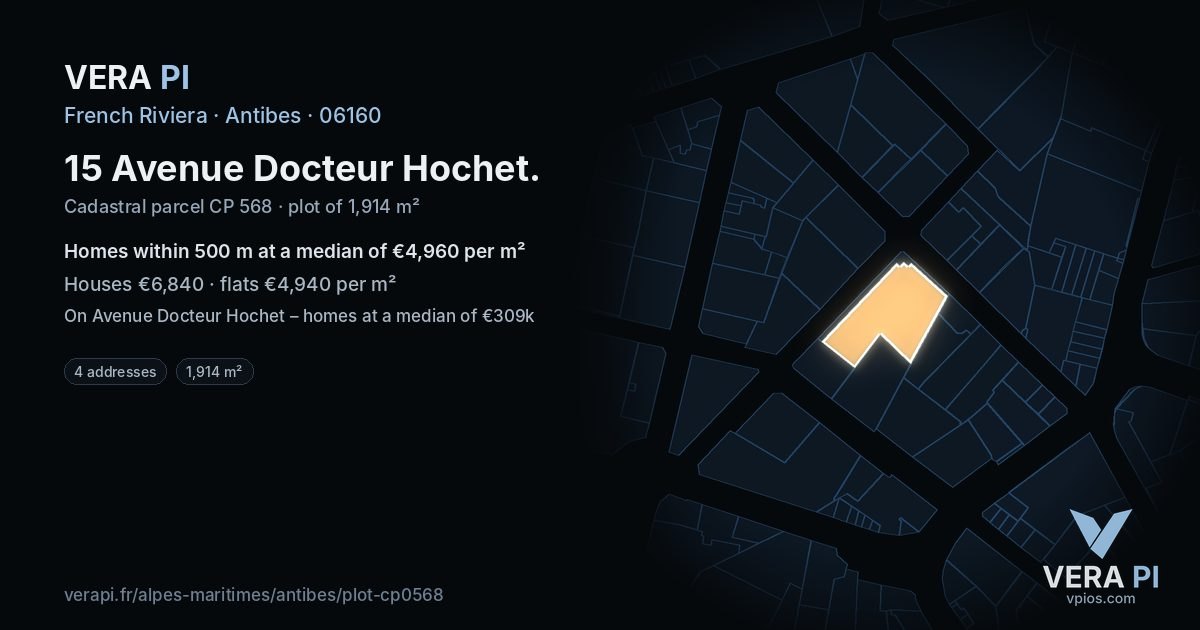 15 Avenue Docteur Hochet, Antibes at night – the plot lit, the parcels around coloured by the prices near them