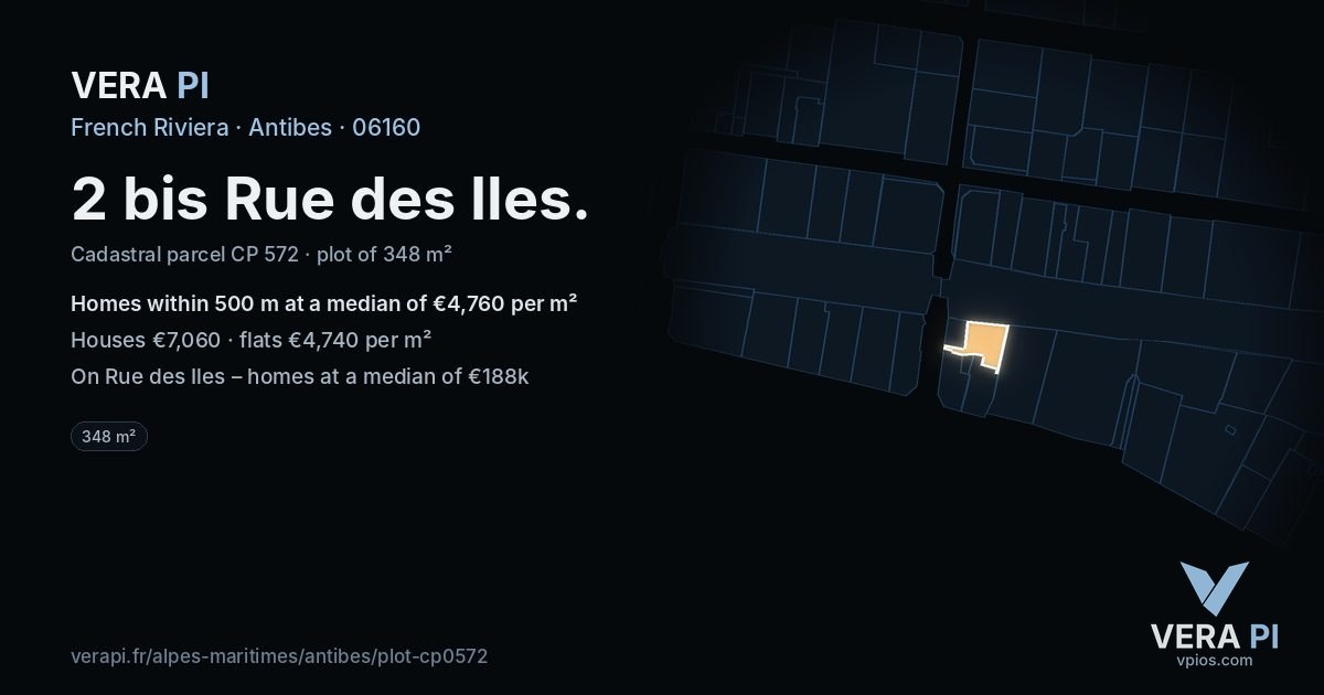 2 bis Rue des Iles, Antibes at night – the plot lit, the parcels around coloured by the prices near them