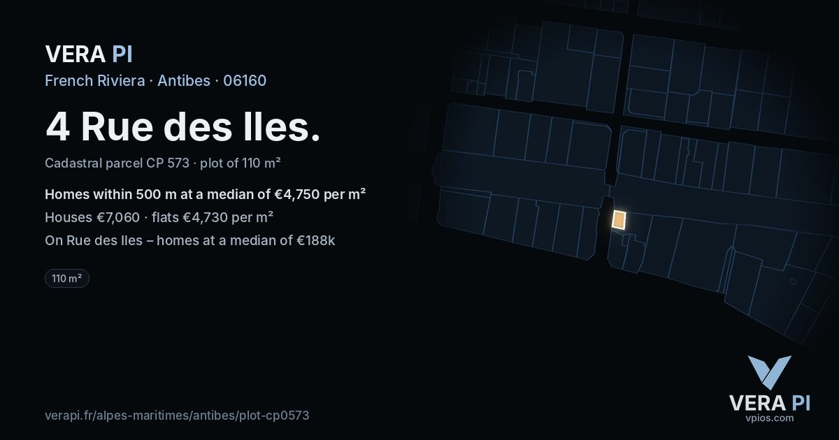4 Rue des Iles, Antibes at night – the plot lit, the parcels around coloured by the prices near them