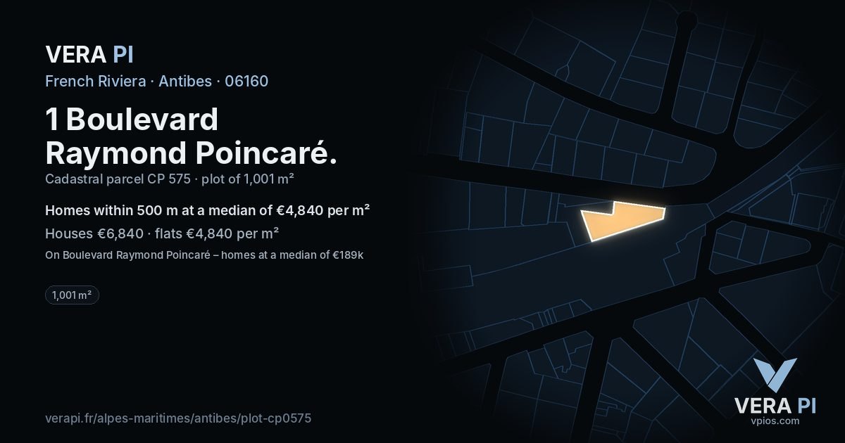 1 Boulevard Raymond Poincaré, Antibes at night – the plot lit, the parcels around coloured by the prices near them