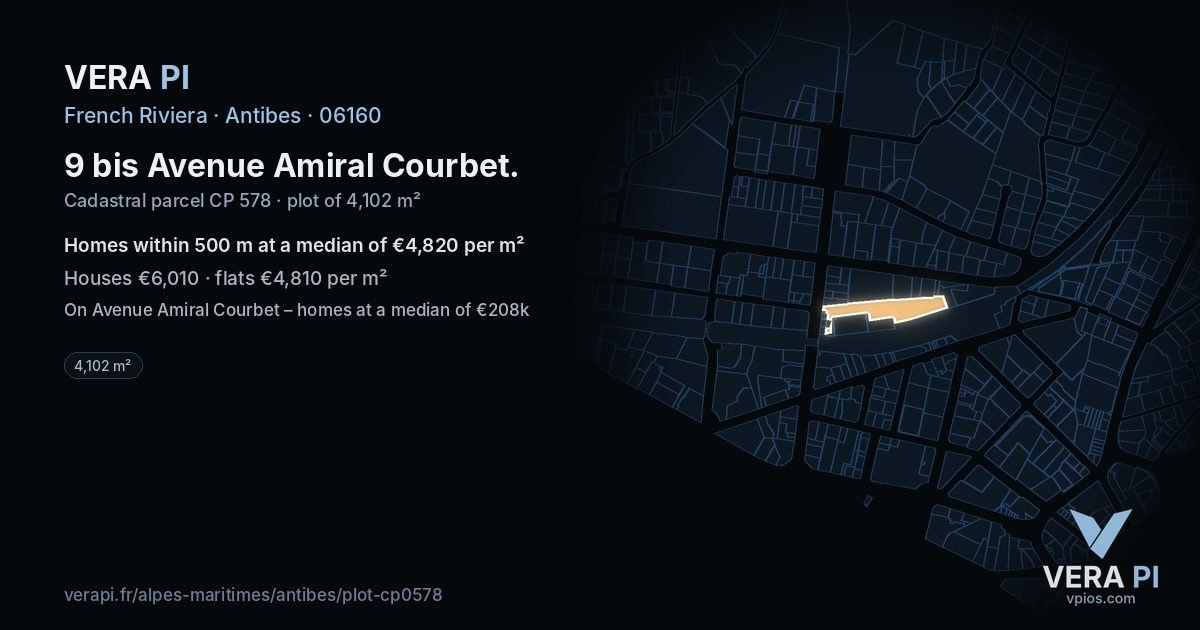 9 bis Avenue Amiral Courbet, Antibes at night – the plot lit, the parcels around coloured by the prices near them
