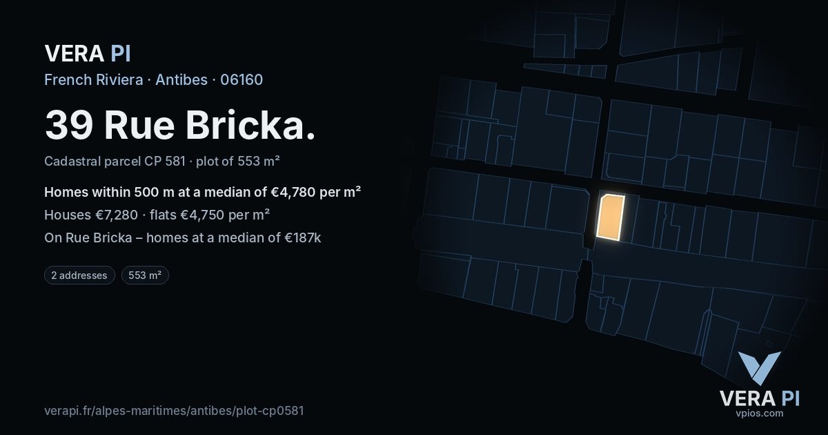 39 Rue Bricka, Antibes at night – the plot lit, the parcels around coloured by the prices near them
