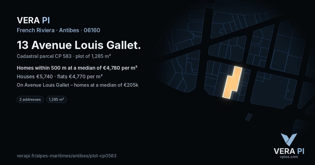 13 Avenue Louis Gallet, Antibes at night – the plot lit, the parcels around coloured by the prices near them