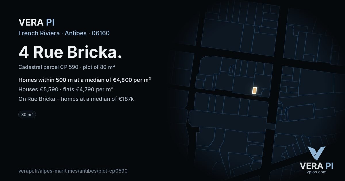 4 Rue Bricka, Antibes at night – the plot lit, the parcels around coloured by the prices near them