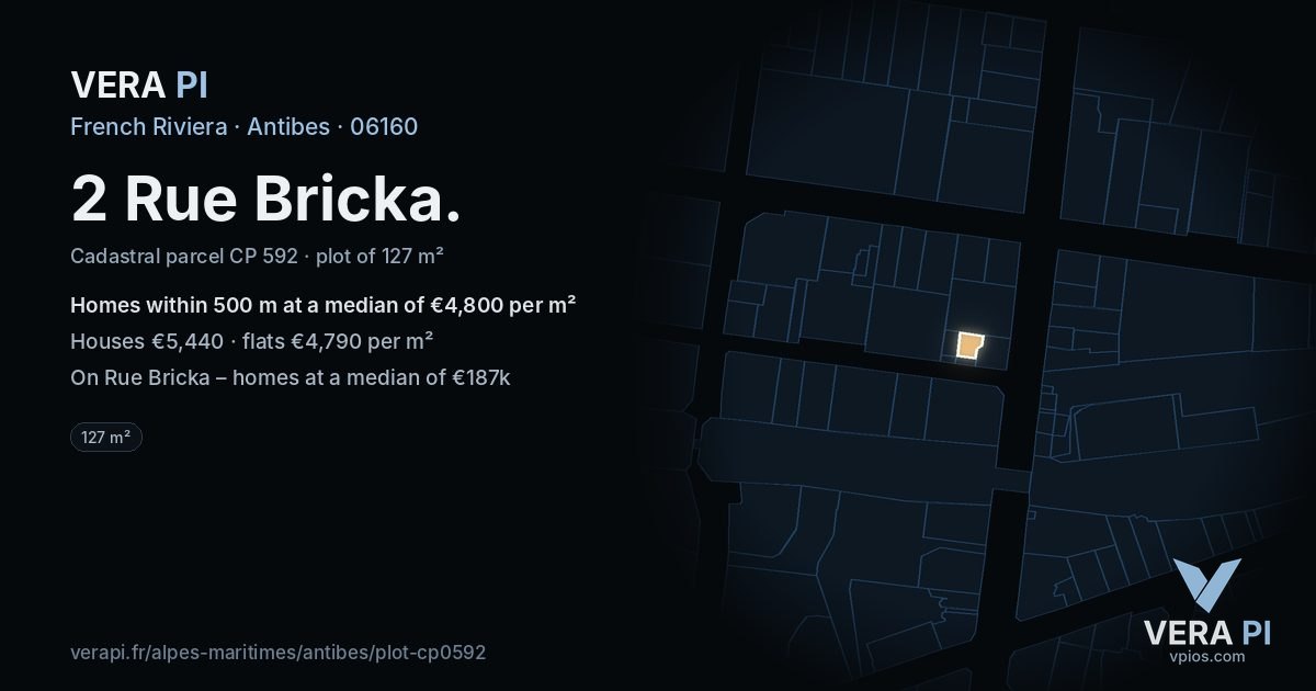 2 Rue Bricka, Antibes at night – the plot lit, the parcels around coloured by the prices near them