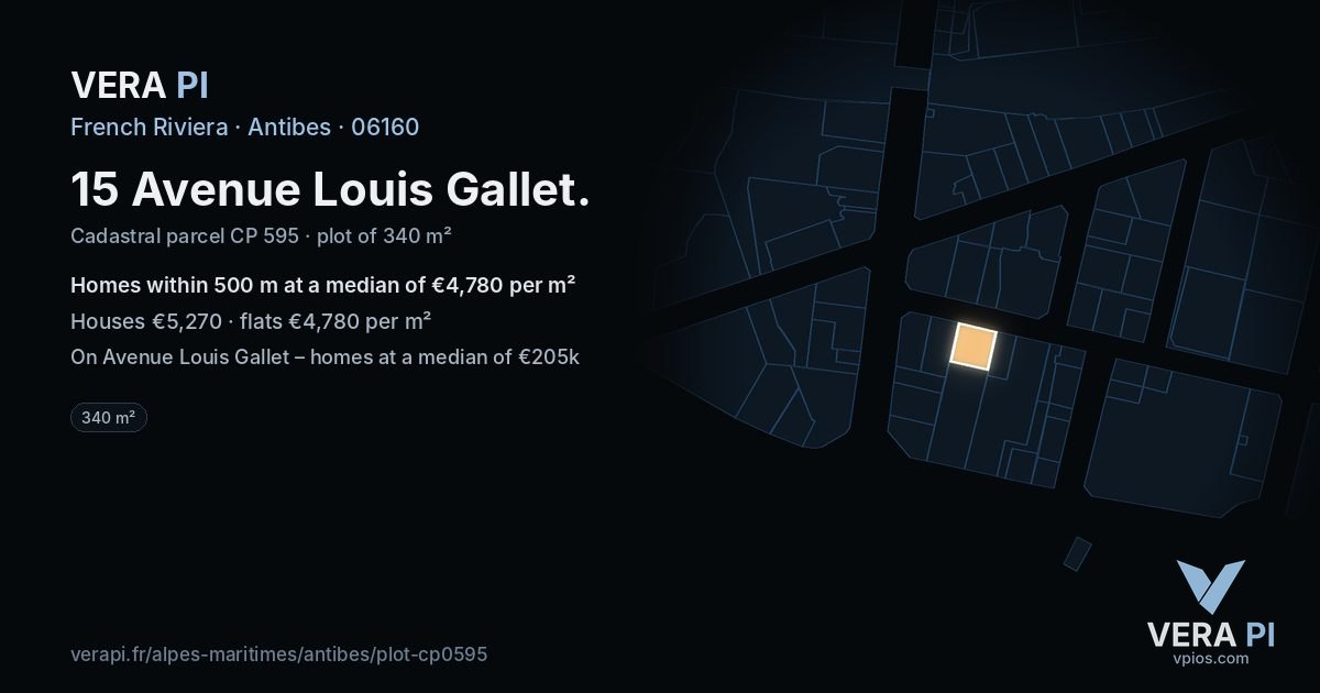 15 Avenue Louis Gallet, Antibes at night – the plot lit, the parcels around coloured by the prices near them