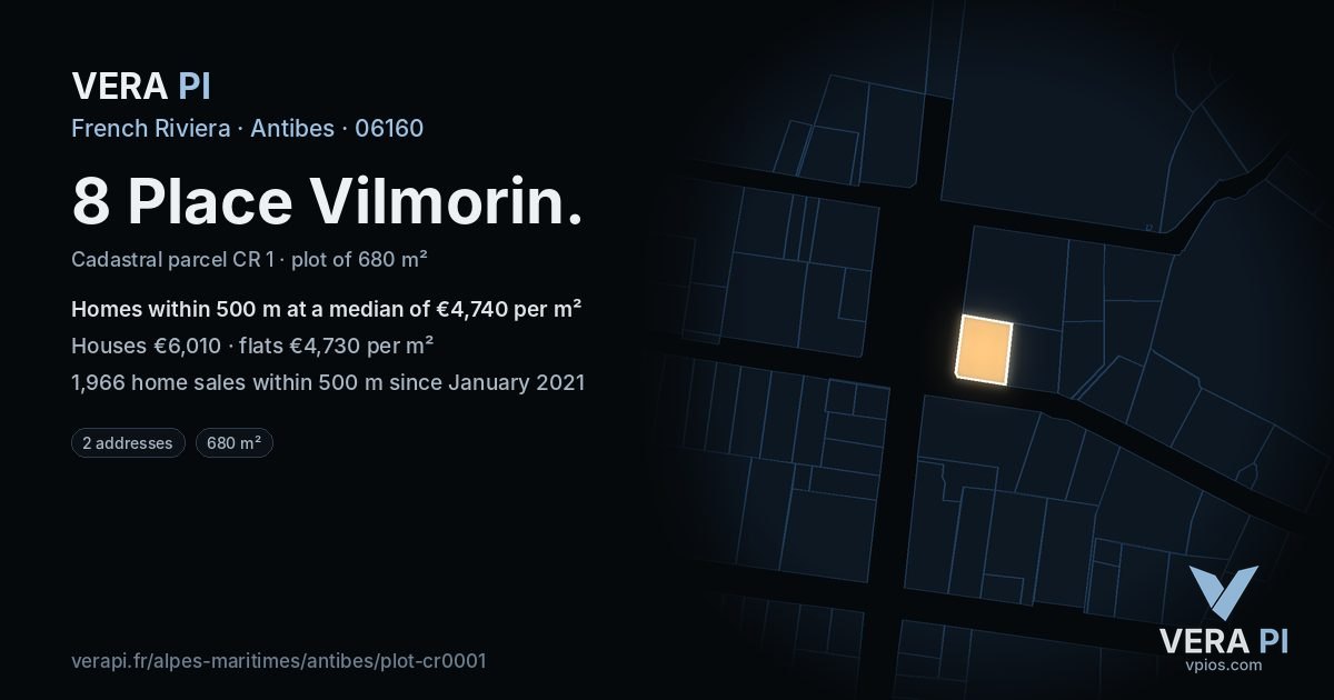 8 Place Vilmorin, Antibes at night – the plot lit, the parcels around coloured by the prices near them