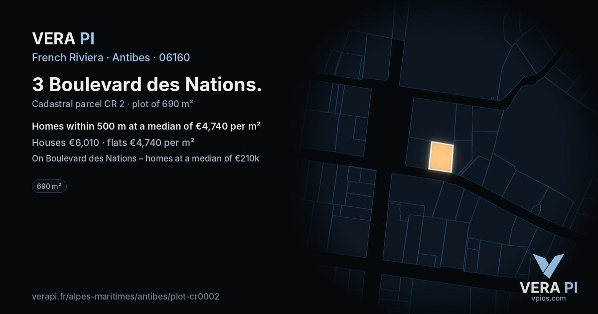 3 Boulevard des Nations, Antibes at night – the plot lit, the parcels around coloured by the prices near them