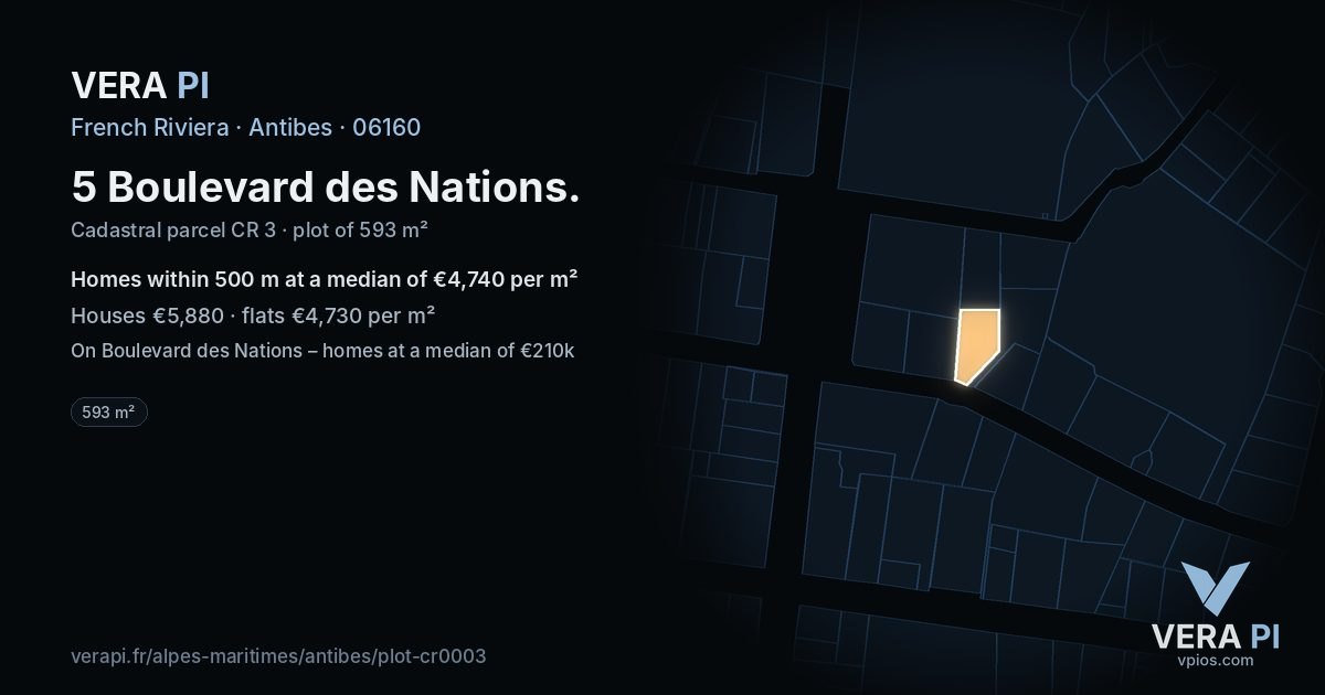 5 Boulevard des Nations, Antibes at night – the plot lit, the parcels around coloured by the prices near them