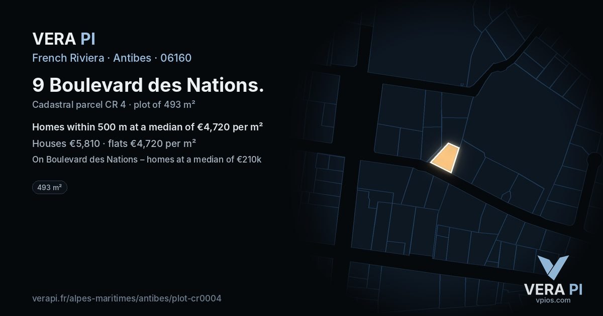 9 Boulevard des Nations, Antibes at night – the plot lit, the parcels around coloured by the prices near them