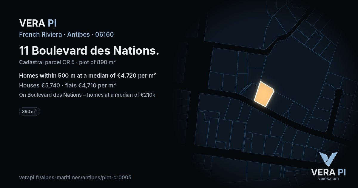 11 Boulevard des Nations, Antibes at night – the plot lit, the parcels around coloured by the prices near them